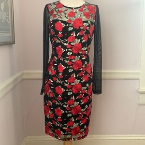 Joseph Ribkoff red 🌹rose 🌹print, long sheer sleeve dress size 8